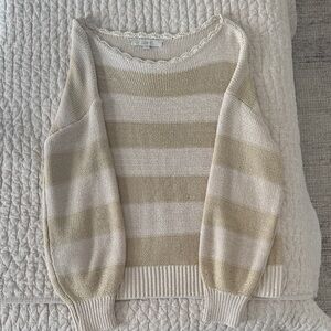 LOFT Beige and Cream Striped Sweater with scalloped neckline.